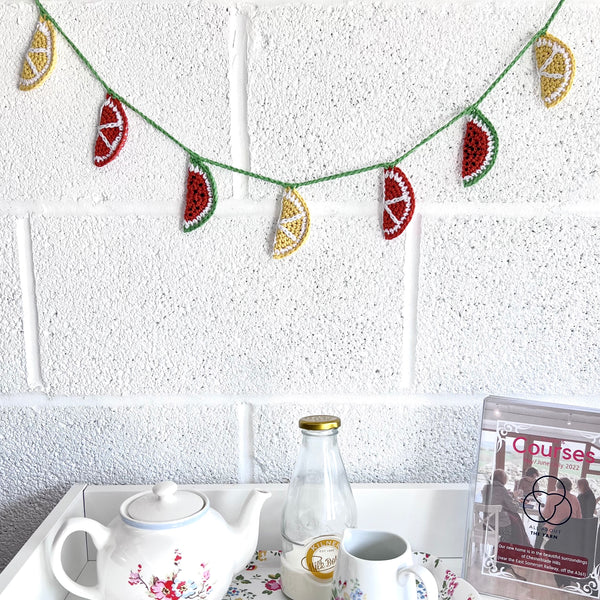 Crochet Fruity Bunting workshop at All About The Yarn near Shepton Mallet and Frome in Somerset. Workshop, class.